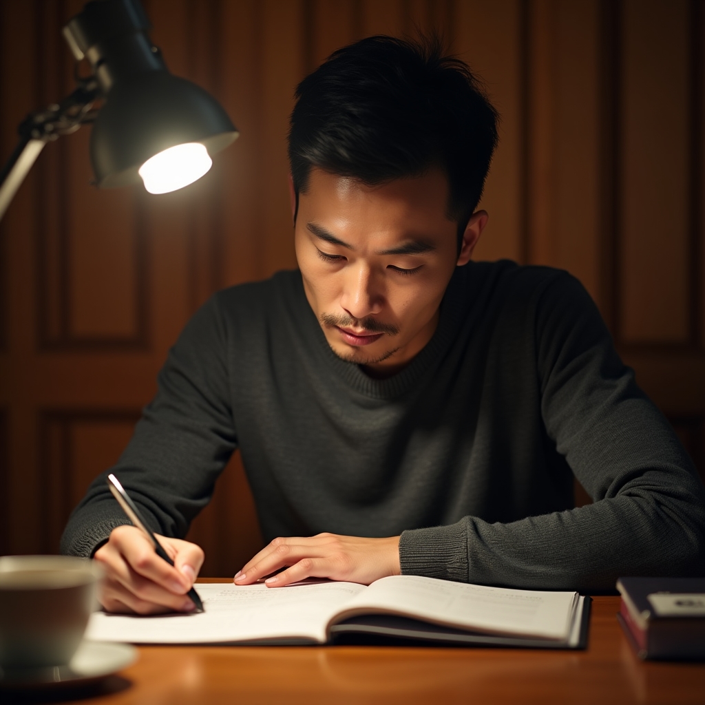 Person in focused writing session at a wooden desk